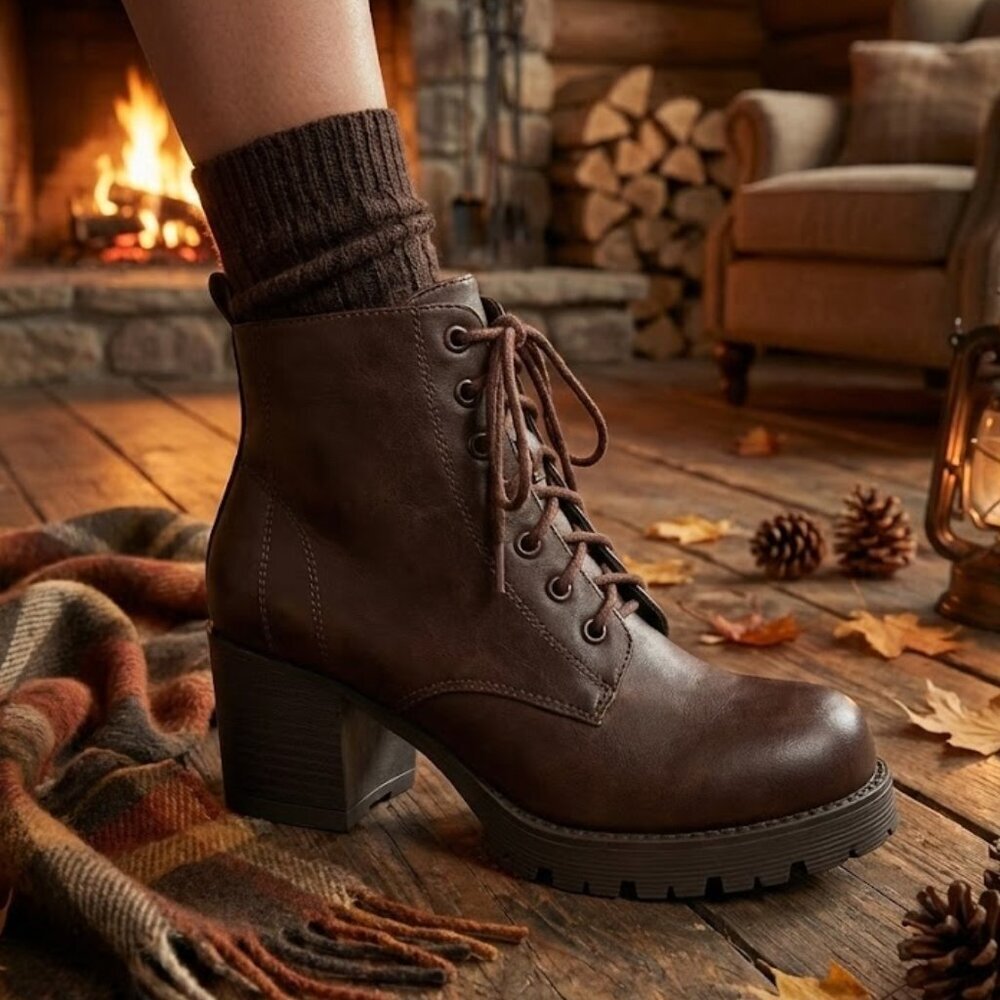 NWT SODA Brown Lace Up Combat Boots Lug Sole Chunky Heel Platform Ankle Booties